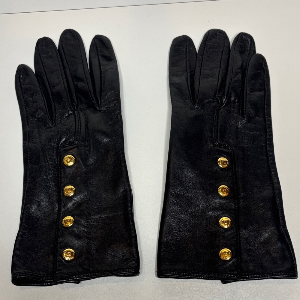 Fendi Black Leather Gloves with Gold Accents